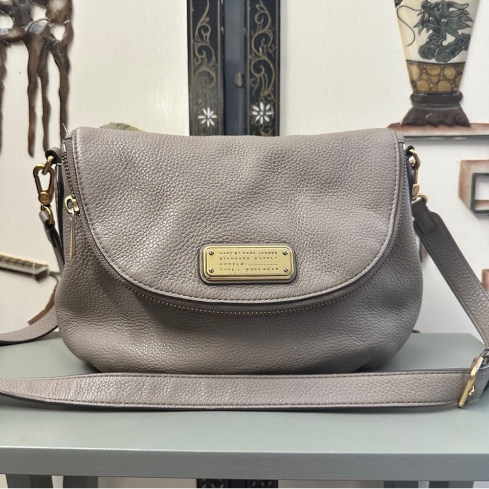 Marc By Marc Jacobs Taupe Leather Crossbody with Gold Plaque